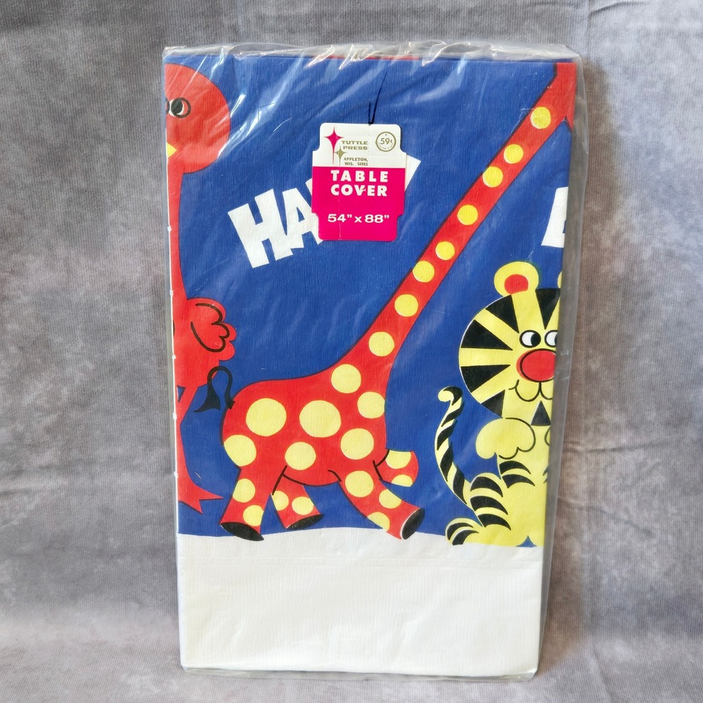 Vintage Happy Birthday Zoo‎ Animal Paper Tablecloth 54x88 Tuttle Press